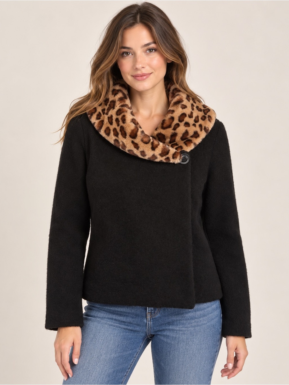 Cynthia Rowley Black Animal Print with removable Collar- Jacket Size Medium-NWT